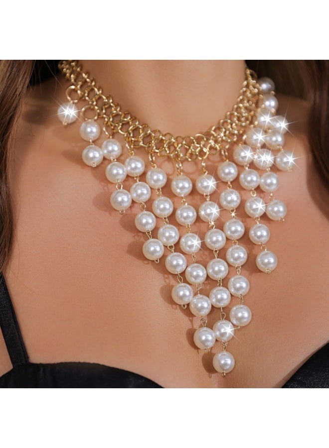 Ucanbe Vintage Pearl Chain Tassel Necklace | Bold Statement Heavy Collarbone Necklace - Image 1